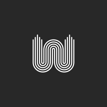Letter W logo minimal monogram initial curved form, smooth parallel black and white thin lines wavy pattern, waves linear shape.