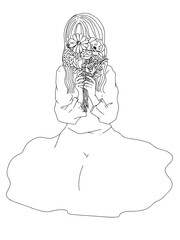 花束を持った女性の線のみイラスト