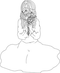 花束を持った女性の線のみイラスト