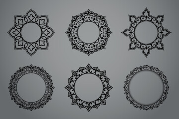Set of decorative frames Elegant vector element for design in Eastern style, place for text. Floral black and gray borders. Lace illustration for invitations and greeting cards