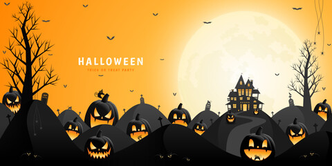 Halloween haunted house, pumpkin lanterns and spooky trees with orange sky and moonlight background.