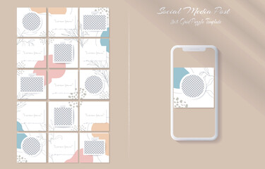 Social media feed post template set in grid puzzle style with organic shape background