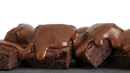 Closeup Chocolate Liquid Pouring on top Brownie cake. Selective focus. 3D Render.	 PNG files.