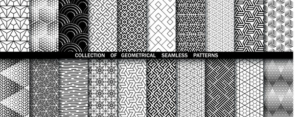 Geometric set of seamless black and white patterns. Simpless vector graphics - obrazy, fototapety, plakaty