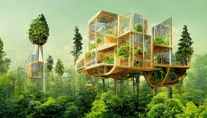 Fotobehang Spectacular image of a sustainable tree house surrounded by greenery in the woods for ESG concept. Eco-friendly house with modern design and solar panel on a tree. Digital art 3D illustration. © Summit Art Creations