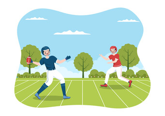 American Football Sports Player with The Game uses an Oval Shaped Ball and is Brown at Field Hand Drawn Cartoon Flat Illustration