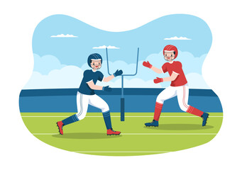 American Football Sports Player with The Game uses an Oval Shaped Ball and is Brown at Field Hand Drawn Cartoon Flat Illustration