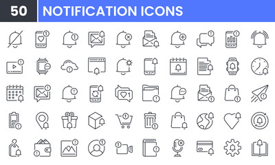 Notification vector line icon set. Contains linear outline icons like Bell, Message, Notice, Alert, Alarm, Calendar, Ring, Phone, Mute, Event. Editable use and stroke.