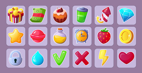 Game icons. Vector cartoon character set for GUI role playing computer or mobile game.