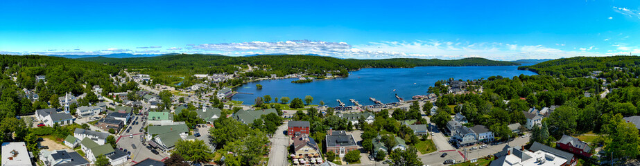 Aerial panorama of Meredith, Belknap County, New Hampshire and Lake Winnipesaukee.