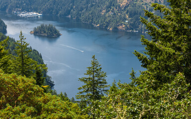 Beautiful view of the Saanich inlet and gulf islands from the Malahat summit at summer day in...