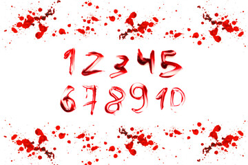 bloody numbers in a red bloody frame made of bloody drops.numbers written in blood. Horror and crime.Halloween alphabet. Crime alphabet.