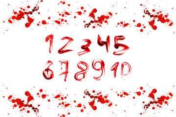 bloody numbers in a red bloody frame made of bloody drops.numbers written in blood. Horror and...