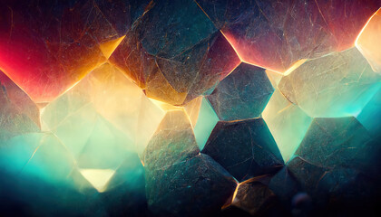 Realistic colorful glowing magic crystals abstract background. Luxury wallpaper. 3D illustration.
