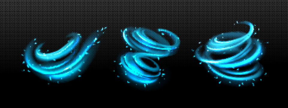 Abstract blue swirls, tornado wind effect isolated on transparent background. Vector realistic set of magic air vortex, light twirls with particles. Design element of fresh and clean