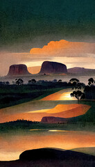 Obraz na płótnie Canvas Abstract art of Australia landscape watercolor style, Desert nature background. 3D illustration.