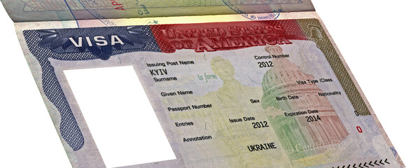 American visa in passport for ukrainian citizen with empty photo area, business travel document,...