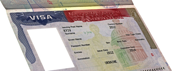 American visa in passport for ukrainian citizen with empty photo area, business travel document, legal work emigration, usa travel diversity