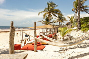 Chill out zone, beach cafe at Playa Paraiso in Tulum, Mexico