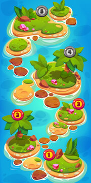 Game ui level map islands in ocean with crystals, palm trees, green grass, rocks and numbers. Cartoon 2d fantasy landscape platform, environment graphics for pc or mobile arcade, menu interface design