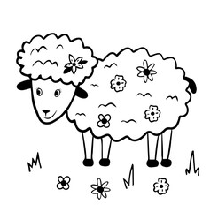 Cute sheep in doogle black and white style