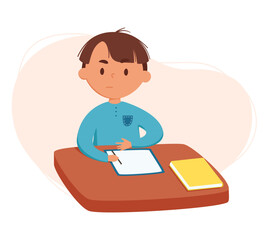 Cute boy doing homework vector illustration. child does the tasks that he was asked at school at home. Daily routine. Schedule. Illustration on abstract background