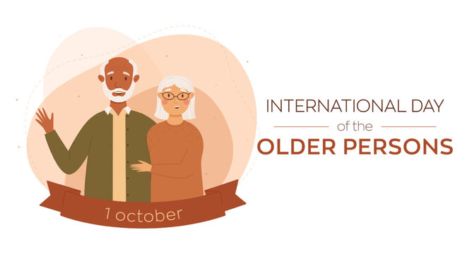 International Day Of The Older Persons Vector Banner. An Age Couple Of A Black Man And A White Woman Are Happy Together. Illustration For Posters, Cards, Web Design. Abstract Background In Peach