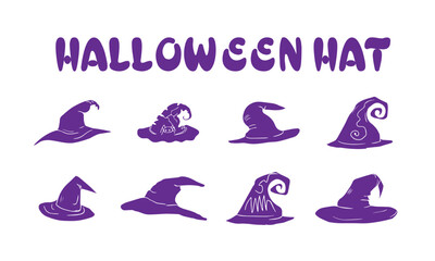 Set of different witch hats isolated on white