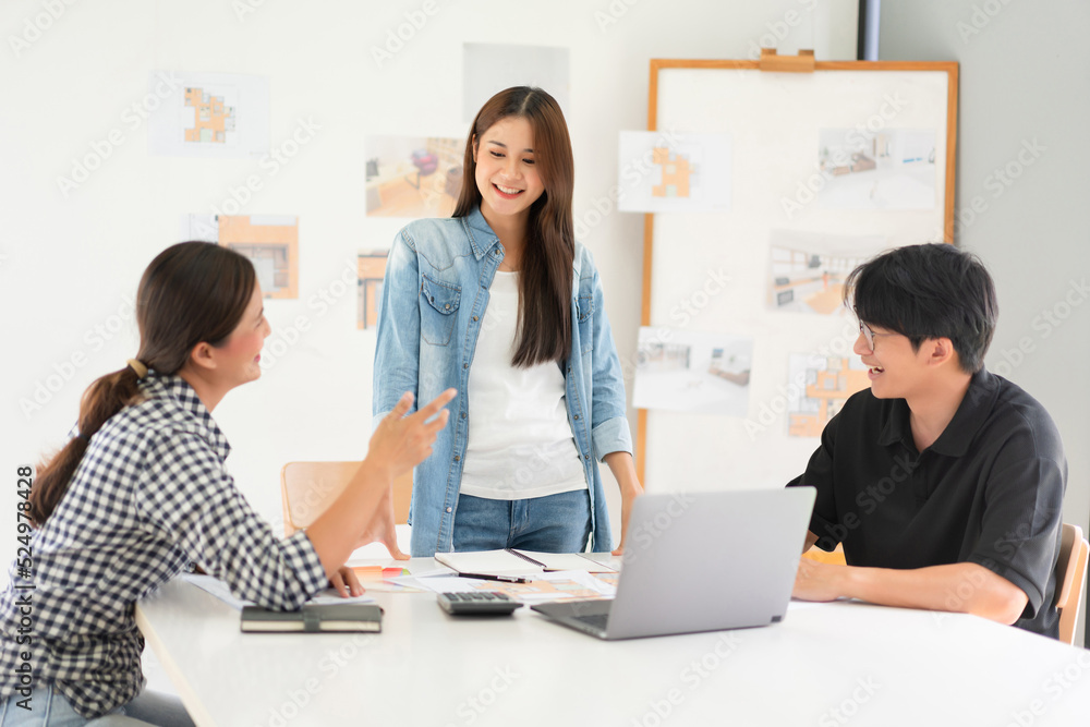 Poster design building concept, architects team is discussing about project and blueprint of building