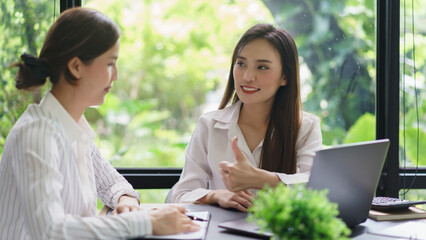 Coworker business concept, Businesswomen make great gesture for colleague after successful project