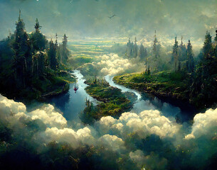 A Magnificent New Land with Cloud, River, Forest and Mountains under Bird View. Concept Art Scenery. Book Illustration. Video Game Scene. Serious Digital Painting. CG Artwork Background.
 - obrazy, fototapety, plakaty