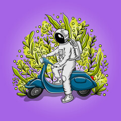 hand drawn astronaut riding a scooter