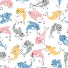 Childish Cute Dolphins Vector Seamless Pattern