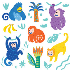 Collection of cute funny monkeys and palms trees. Vector illustration - 524980869