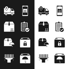 Set Verification of delivery list, Cardboard box with traffic, Delivery tracking, Mobile app, package umbrella, Locked, and Scanner scanning bar code icon. Vector