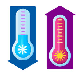 Meteorological thermometers are blue and red, measure heat and cold. 
The thermometer shows hot or cold weather. 3d vector illustration.
