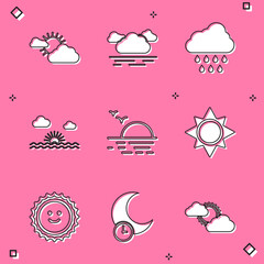 Set Sun and cloud weather, Cloud, with rain, Sunset, and Sleeping moon icon. Vector