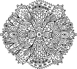 Floral mandala with flowers and leaves. Doodle fantasy coloring page for adults. Fantastic ornated trippy pattern. Psychedelic art. Vector artwork