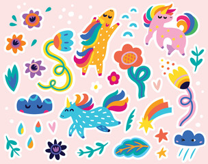 Festive stickers set with unicorns, flowers and clouds. Vector illustration