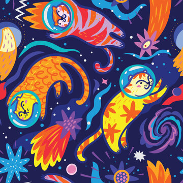 Big orange tigers in cosmic adventures. Vector illustration © penguin_house