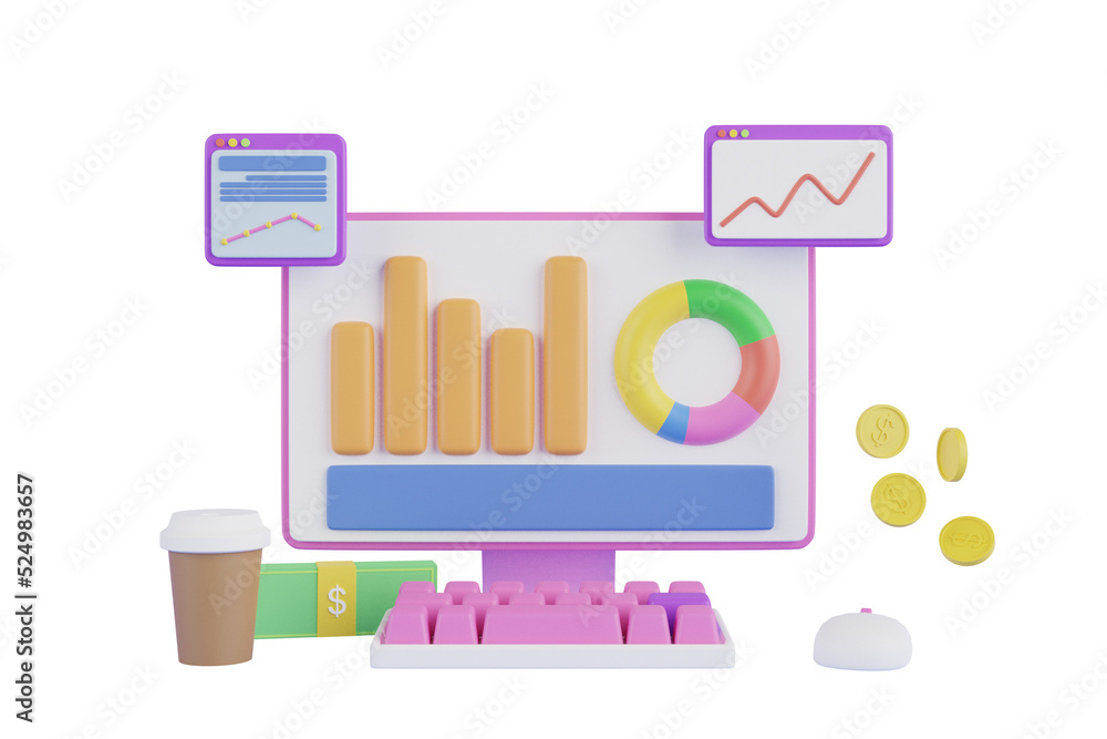 Poster 3d charts and graph with checkmark, analysis business financial data. charts,graph with analysis bus