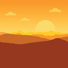 Landscape background  with mountains, sun and 
clouds. Color flat vector illustration