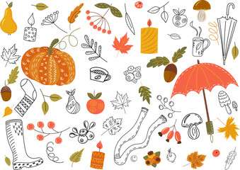 set of doodle autumn items in flat style isolated