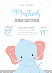 First Birthday Invitation with cute elephant
