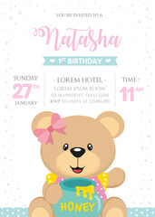 Fototapeta na wymiar First Birthday Invitation with cute bear