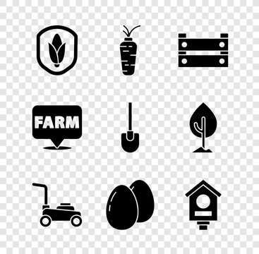 Set Shield corn, Carrot, Wooden box, Lawn mower, Chicken egg, Bird house, Location farm and Shovel icon. Vector