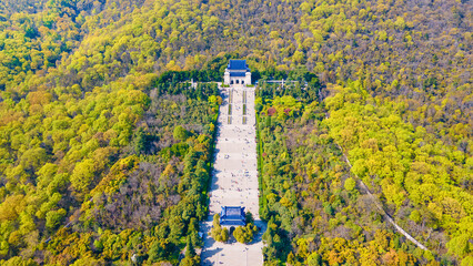 Aerial photography of Zhongshan Mausoleum Scenic Spot and Bandstand in Nanjing City, Jiangsu Province, China in autumn