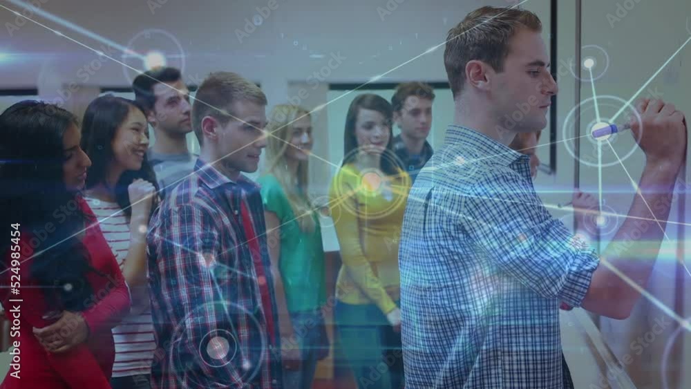 Aufkleber animation of dots connecting with lines and multiracial students looking at teacher writing on board