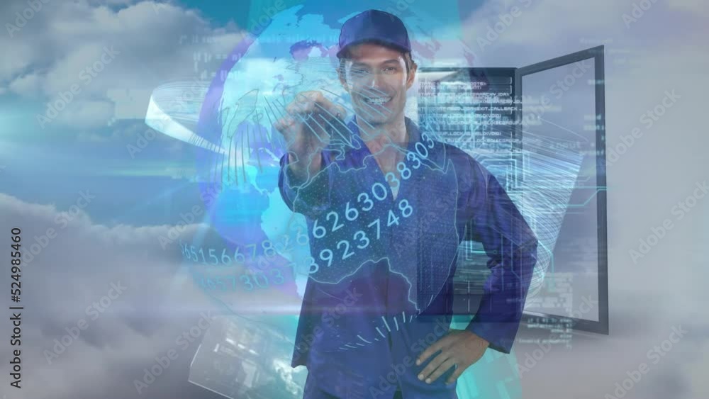 Poster animation of globe, data processing over caucasian auto mechanic showing keys to against clouds