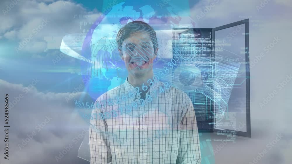 Poster animation of globe, 5g data processing over smiling caucasian man against clouds